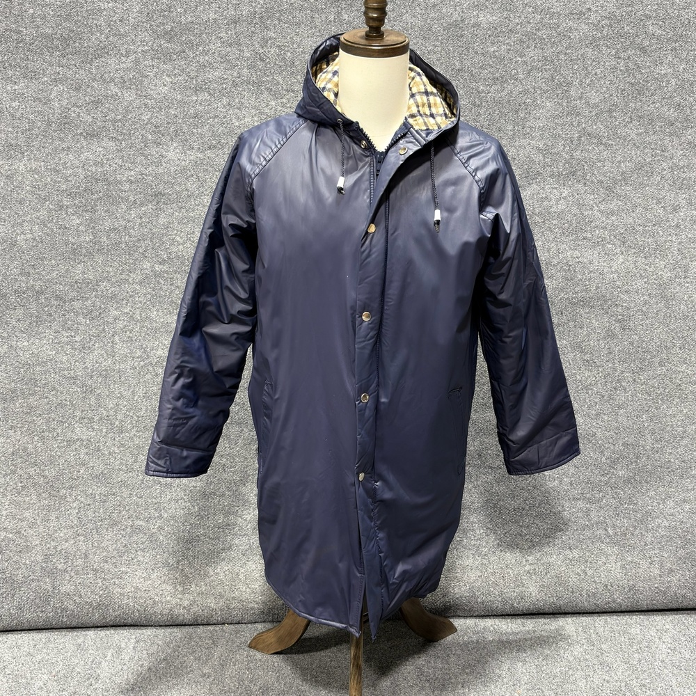Vintage Rainskins Coat Mens Small Blue PVC Hooded Stadium Parka Lined Insulated